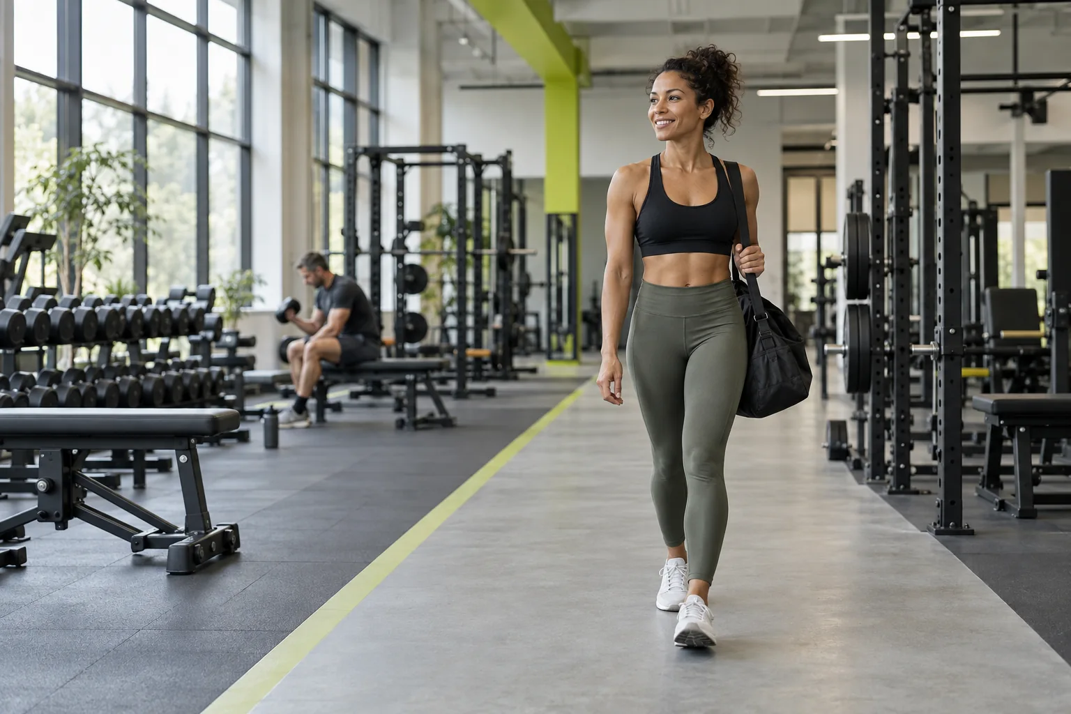 Açık geçiş yolları ve limon yeşili detayları olan aydınlık bir spor salonunun yapay zekâ ile oluşturulmuş marka görseli.